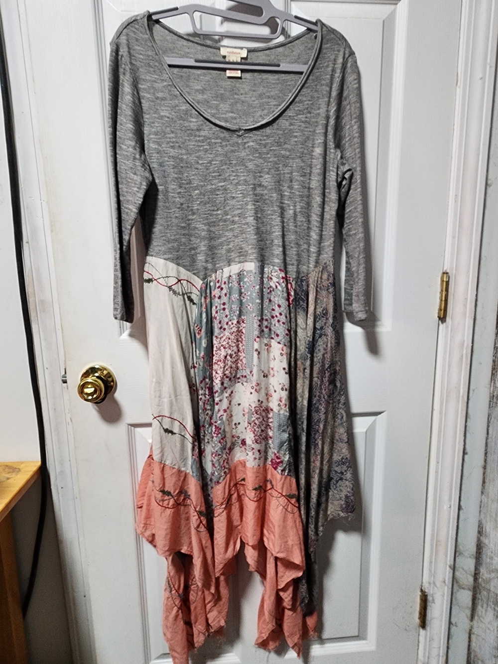 Sundance Mixed-Panel Asymmetrical Dress in Gray, Coral and Cream